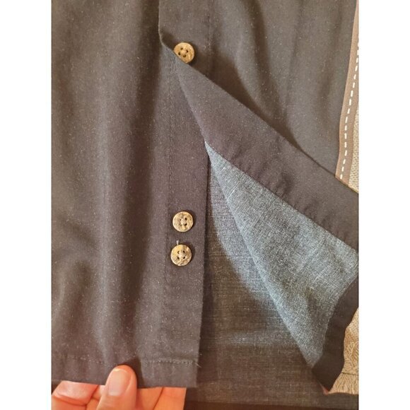 Moda‎ Campia Men's Size Large Button up Shirt Black Colorblock Palm Trees Hawaii - Picture 4 of 8